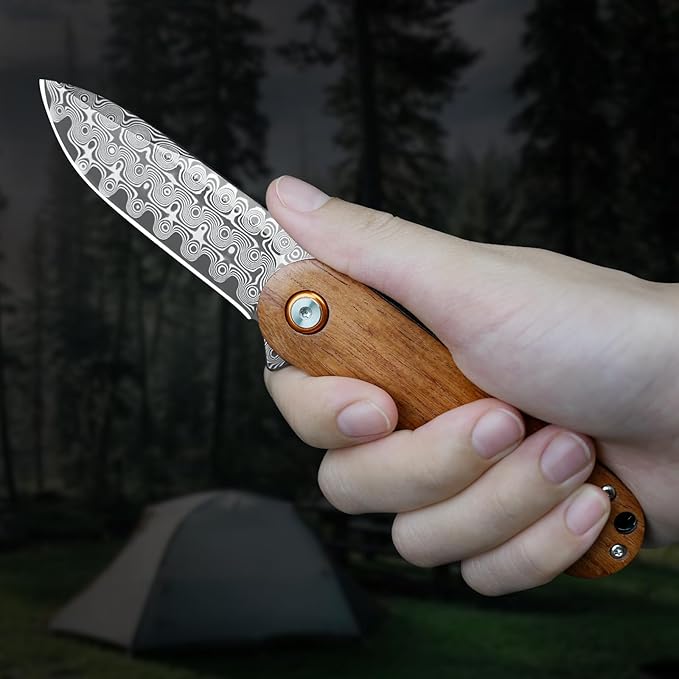 Damascus Pocket Knife, 2.95" Damascus Steel Blade Pocket Knives & Folding Knives, Wooden Handles EDC Knife for Women Men