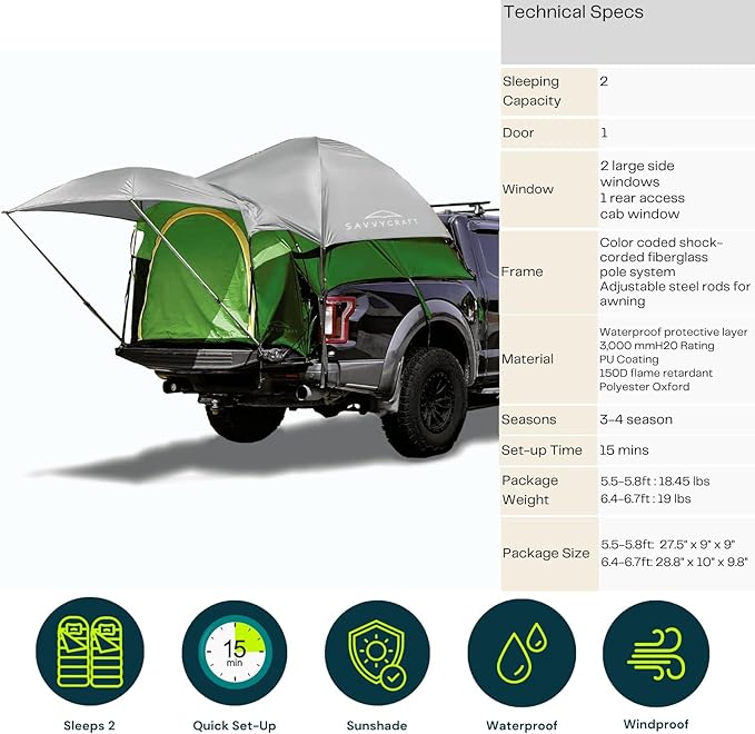 Savvycraft Pickup Truck Tent for Full Size and Mid Size Truck Short Bed and Long Bed, Waterproof P3000mm 2-Person Double Layer Truck Bed Camping Tent, Expandable Awning, Rainfly, Storage Bag Included