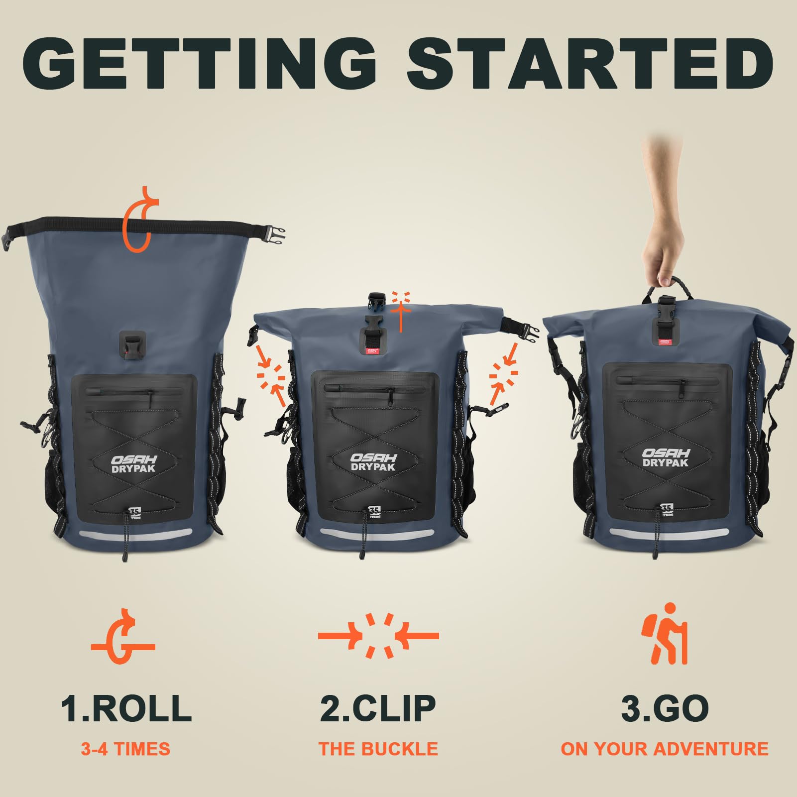 OSAH DRYPAK Waterproof Backpack Dry Bag 25L/35L/55L/85L – Heavy Duty Roll-Top Hiking Backpack Sack