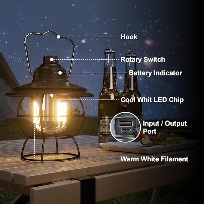 LED Camping Lantern Rechargeable Dimmable, Portable Vintage Outdoor Lantern 2700-6500K Waterproof, Hanging Retro Lamp Indoor Outdoor for Garden, Hiking, Emergency, Black