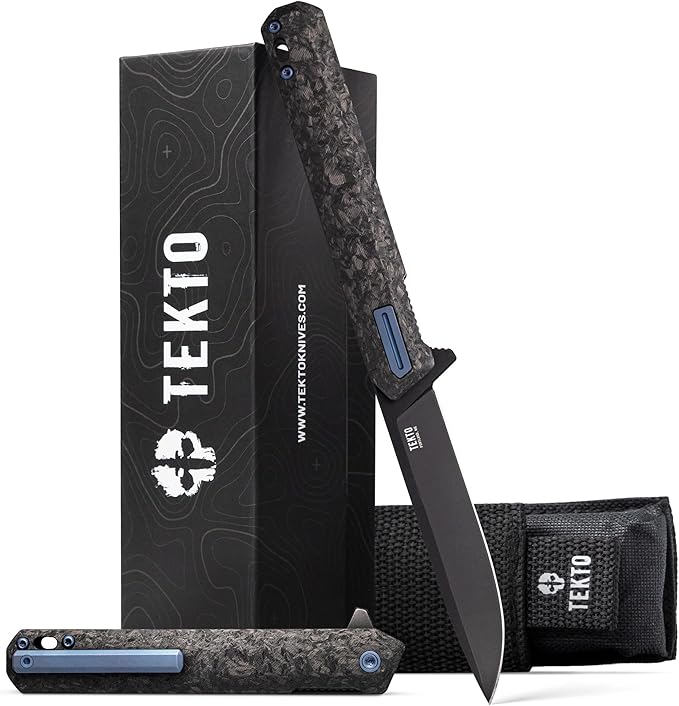 F2 Bravo Folding Pocket Knife - D2 Steel Blade, Ceramic Ball Bearings - EDC - Snap, Swift Flip for Camping, Backpacking - 2.4oz (68g), G10 Forged Carbon Handle, Blue Titanium Accents