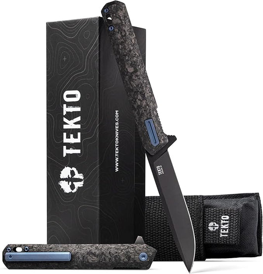 F2 Bravo Folding Pocket Knife - D2 Steel Blade, Ceramic Ball Bearings - EDC - Snap, Swift Flip for Camping, Backpacking - 2.4oz (68g), G10 Forged Carbon Handle, Blue Titanium Accents