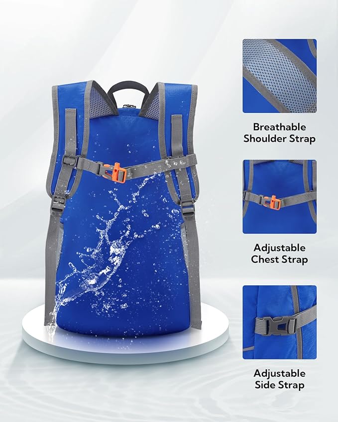WATERFLY Hiking Foldable Daypack Backpack: 25L Ultra Lightweight Waterproof Day Pack for Woman Man - Small Compact Packable Folding Back Pack for Outdoor Sport Cycling Biking Travel Trip - Blue
