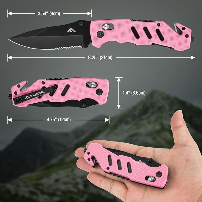 FLISSA Folding Pocket Knife with Clip, Glass Breaker and Seatbelt Cutter, Survival Knife for Emergency Rescue Situations, EDC Knife for Tactical, Hunting, Camping, Outdoor, Unique Gifts for Dad, Father-Pink