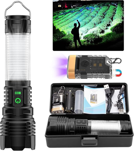 Flashlights High Lumens Rechargeable- Super Bright Tactical LED Flashlight,Powerful USB C Flash Light with 360°COB, Long Beam 3280Ft,7 Modes for Emergency,Gift-365nm UV Light