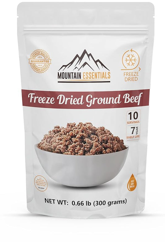 MOUNTAIN ESSENTIALS Freeze-Dried Ground Beef ??Pre-Cooked and Ready-to-Eat Hamburger Meat | Everyday Meal Prep, Emergency Food Supply, Camping and Survival Food | 10 Servings per Pouch | Made in USA | 7-Year Shelf Life | Pack of 1