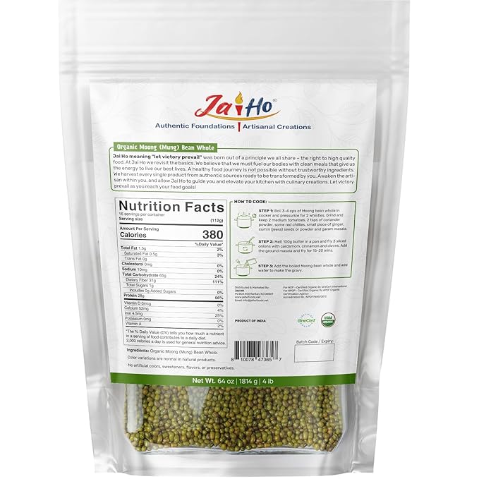 Jai Ho Certified Organic Kabuli Chana Garbanzo Beans 4 lb | Chickpeas Lentils | Indian Kabuli Chole Chana | USDA Organic | Non-GMO | Chemical-Free | Premium Quality Kosher (4 Pound, Whole Moong)