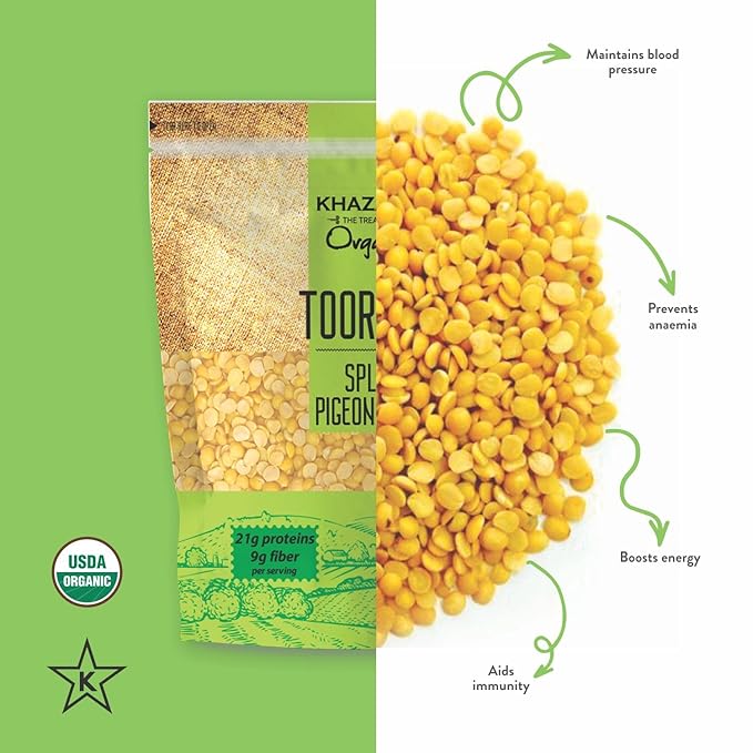 Khazana Toor Dal Split Yellow Pigeon Peas (4lb) - Organic, NON-GMO, Gluten Free & Kosher - Authentic Lentils from India