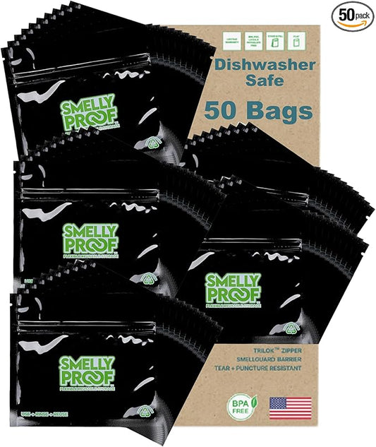 50pk 4-MIL Thick Heavy Duty, Smelly Proof Reusable Bags Black, Reusable Food Storage Bags, US-Made Non-Silicone, BPA Free, No PEVA, 50 x Reusable Snack Bags, NO SMELL Freezer Bags Triple Zip 12" x 16"