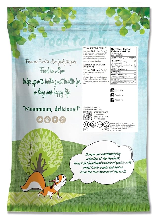 Food to Live Whole Red Lentils, 10 Pounds ??Dry Raw Beans, Sproutable, Vegan, Kosher, Bulk. Easy to Cook. Good Source of Folate, Fiber, and Protein. Perfect for Lentil Soup, Stews, and Curry.