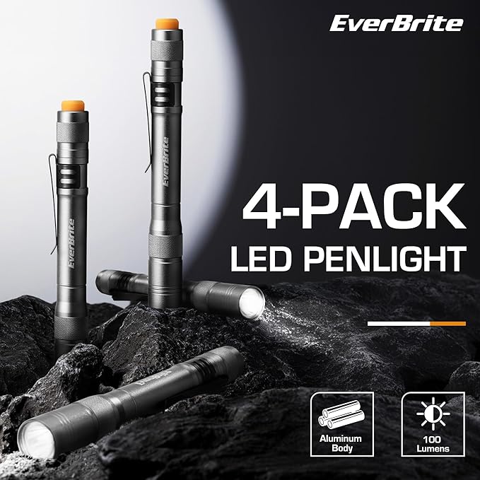 EverBrite Pen Light, 100LM Pocket Flashlights, Aluminum LED Pen Flashlights with Clip, 8 AAA Batteries Included, Pocket Flashlight for Camping, Emergency, Mechanic, Pack of 4, Gray