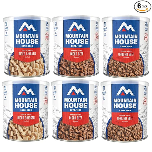 Mountain House Freeze-Dried Protein Pack Sampler ??6 Cans | Diced Chicken, Diced Beef & Ground Beef | 102 Total Servings | Cooked, High-Protein Emergency Food | 30-Year Taste Guarantee | Made in USA