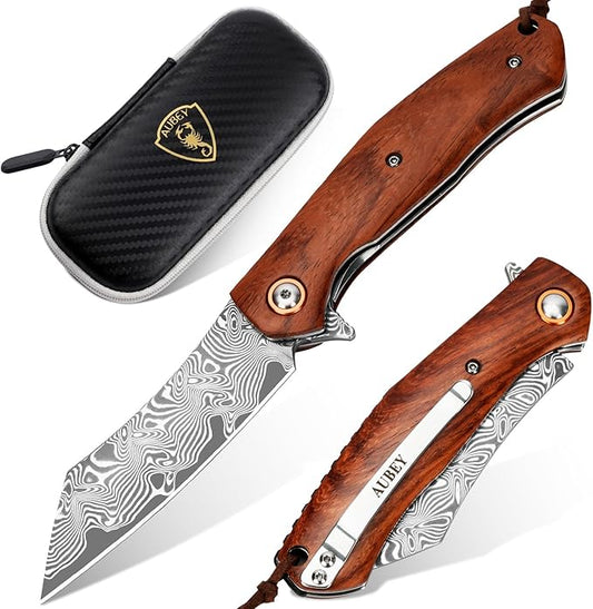 AUBEY Pocket Knife for EDC, 3.15" VG10 Core Damascus Steel Blade Folding Knife with Wood Handle, Liner Lock, Clip, Gift/Collection for Men Women