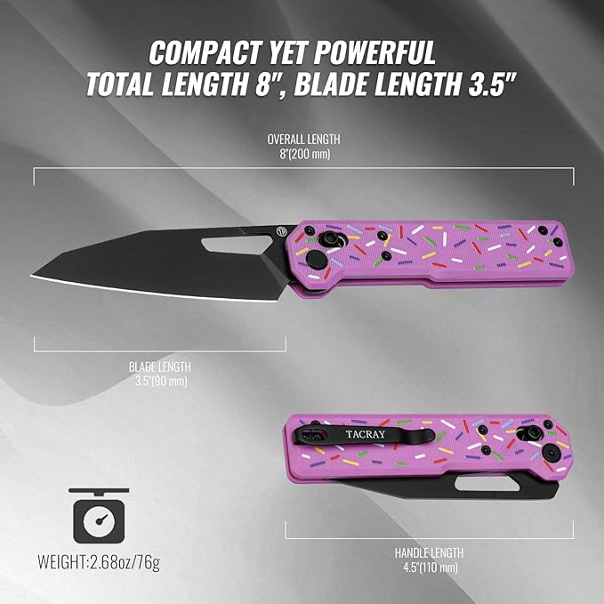 Tarcus Folding Pocket Knife, 3.5" D2 Steel DLC Blade G10 Handle, Lightweight EDC Knife with Crossbar Lock for Men and Women, Ideal for Camping, Hiking, and Survival (Doughnut)