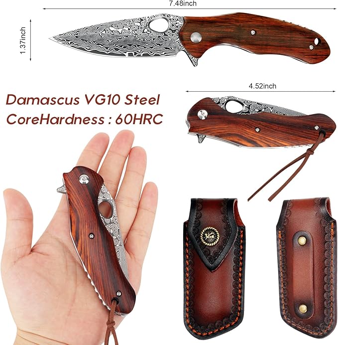 Benkey Damascus Folding Knife, Sharp VG10 Core Damascus Steel Pocket Knives with Natural Wood Handle, Quality Leather Sheath, Ball Bearing, Liner Lock, Lightweight Pocket Knife for EDC Men Women