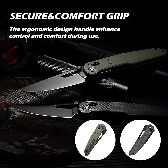 Hightron Sharplyn Folding Knife, 3.6" 14C28N Steel Blade with Black PVD OD Green G10 Handle Pocket Knife with Pocket Clip for Men Women Lightweight EDC Knives for Outdoor