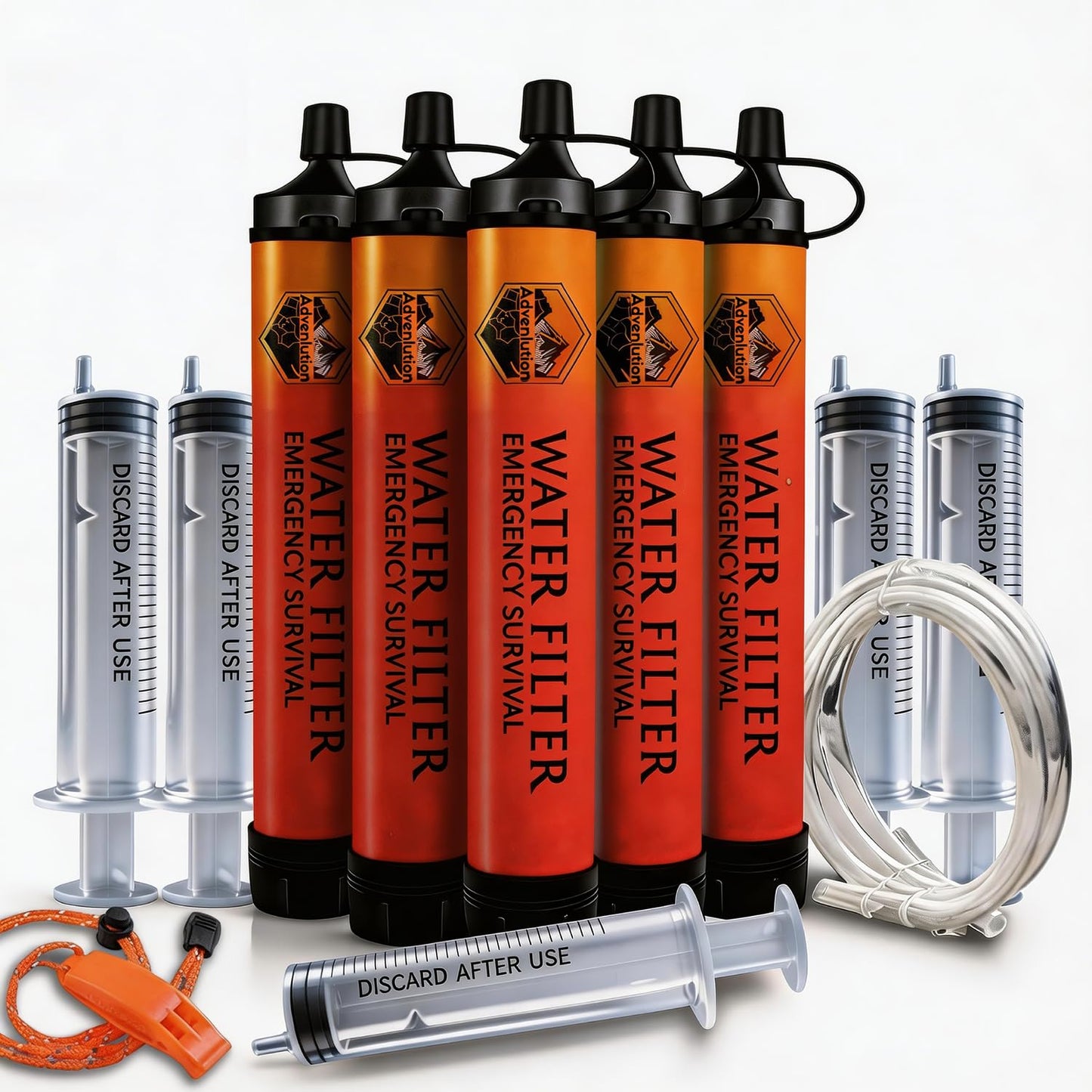 5-Pack Personal Water Filter Straw with Emergency Whistle, Portable Reusable Survival Filter for