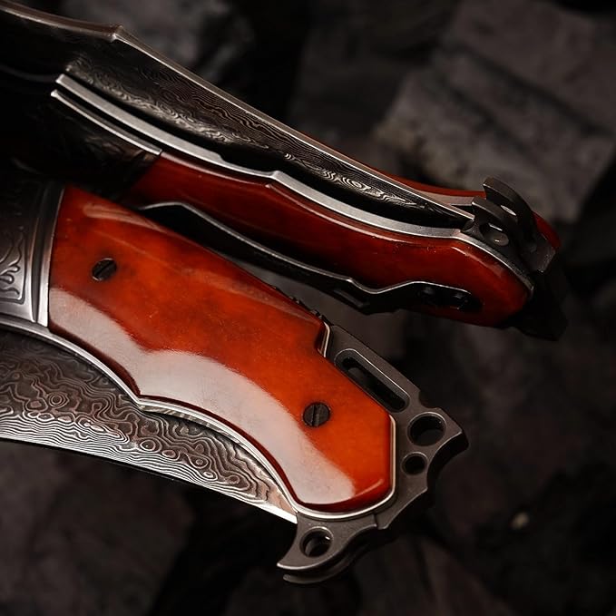 Damascus pocket knife clip leather sheath, VG10 core folding knife, portable EDC clip, outdoor survival camping bone handle