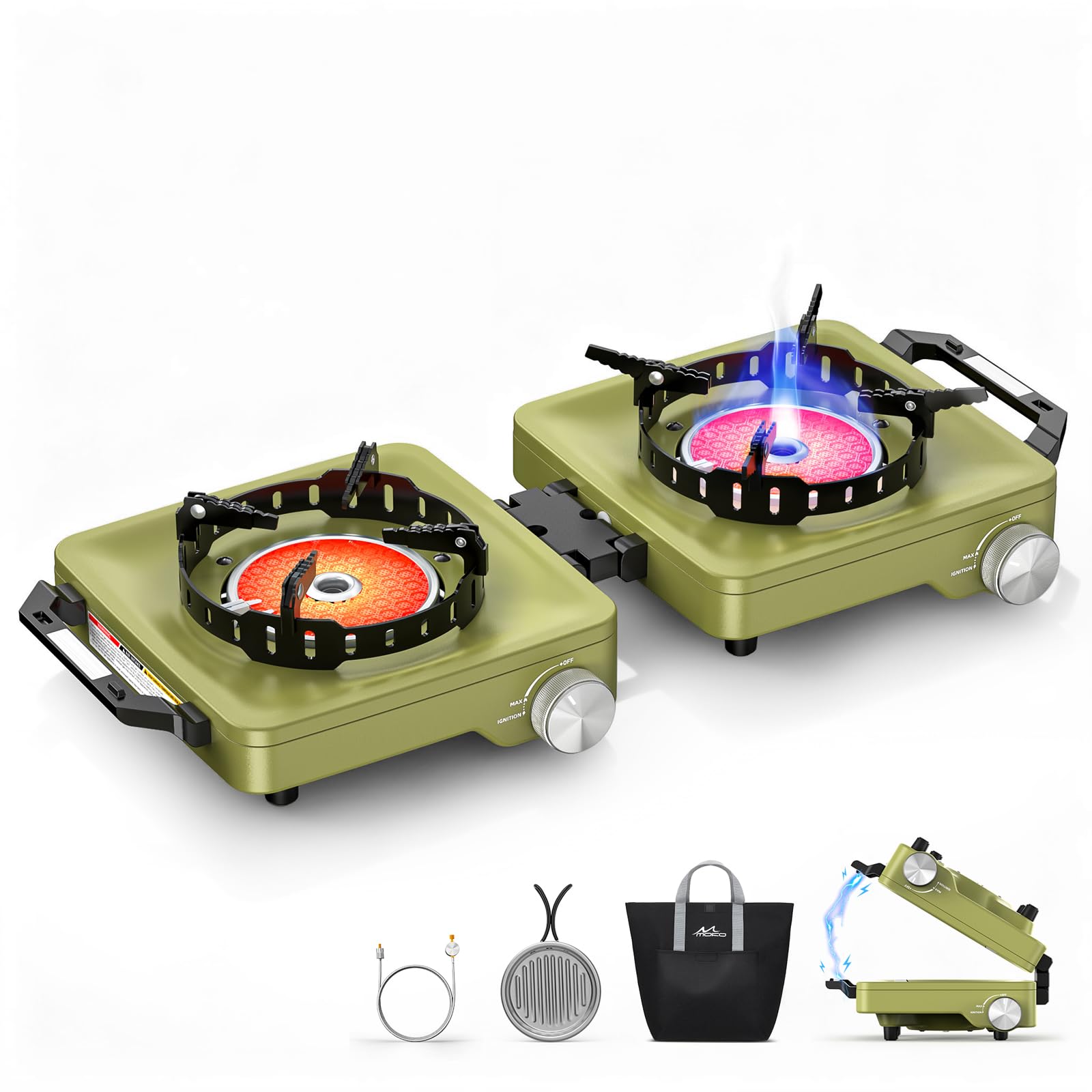 MoKo Propane Camping Stove 2 Burner, 36,000 BTU Infrared & Open Flame Hybrid, Windproof Folding