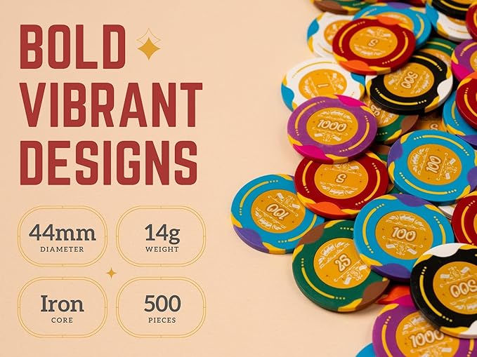 500 Piece Poker Set with Numbered Values - 14 Gram 40 mm Clay Poker Chips - Durable Carrying Case & Playing Cards - Features Dealer, Small Blind, and Big Blind Position Markers