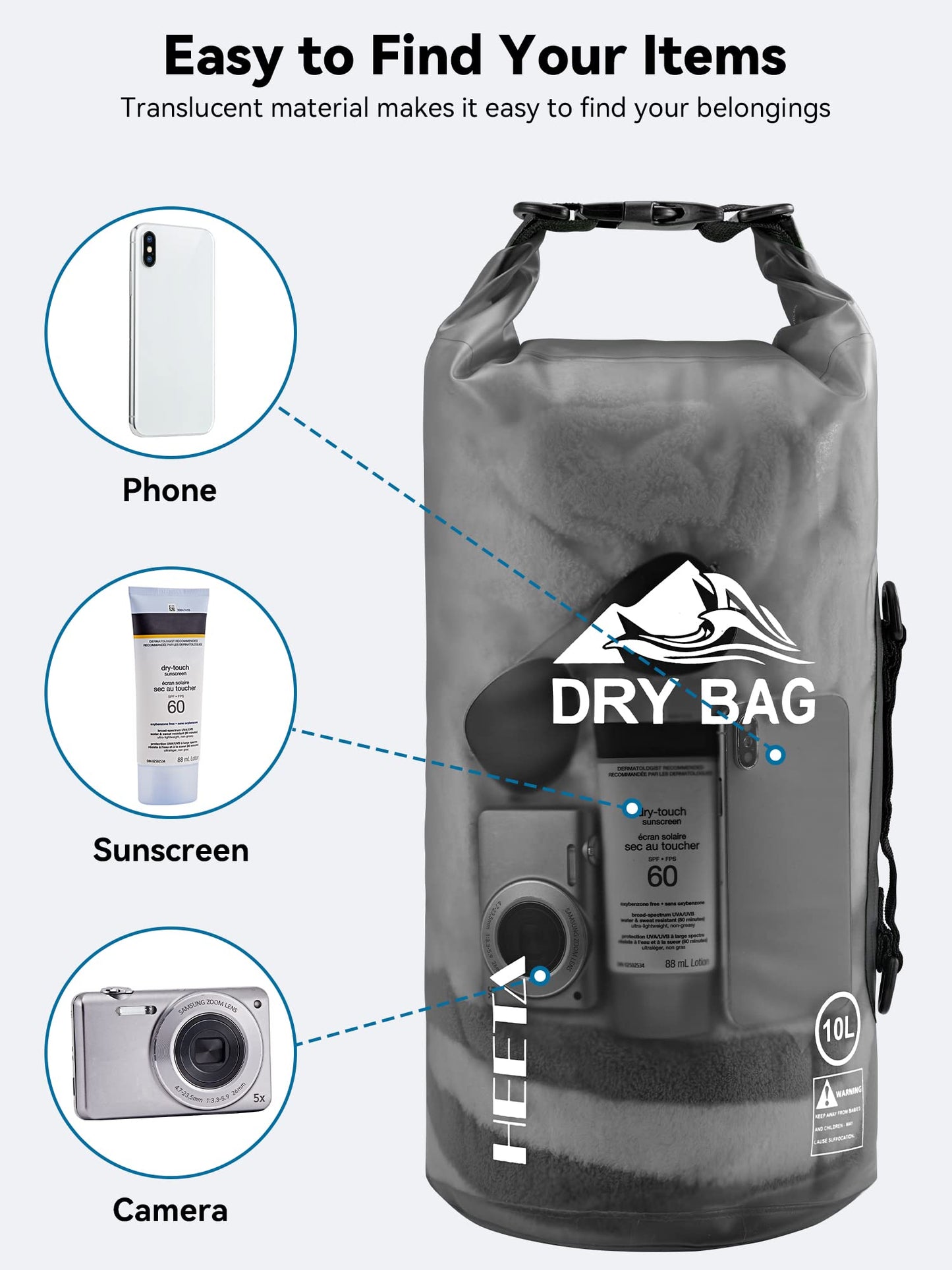 HEETA Dry Bag Waterproof Backpack with Phone Case (Transparent Black, 5L)