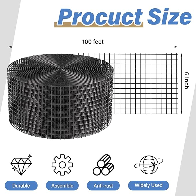 Solar Panel Bird Guard,6in x 100ft Critter Guard Roll Kit for Roof Protection Net Wire Screen,Rust-Proof Black PVC Coated Galvanized Net Pigeon Mesh with 70 Fastener Clips for Bird,Animal Control