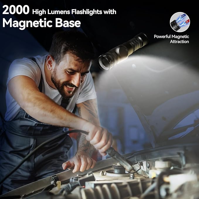 Flashlight Rechargeable 2000 High Lumens Ultra-Bright Covers 3200 ft² Focus Up to 3900 feet,IPX7 Waterproof Tactical LED Flashlight with COB SideLight & Magnetic Base for Camping Home Emergency