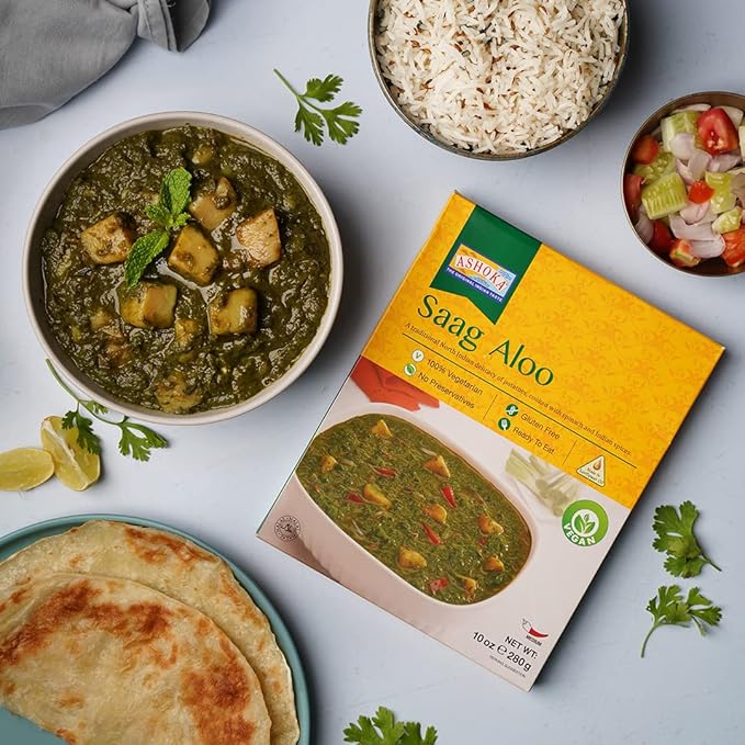 Ashoka Meals 1932, Vegan Spinach & Potato, All-Natural, Heat & Serve Microwaveable Indian Food, Saag Aloo, Kosher Certified, Great for Outdoors, Gluten-Free & with No Preservatives, Pack of 5