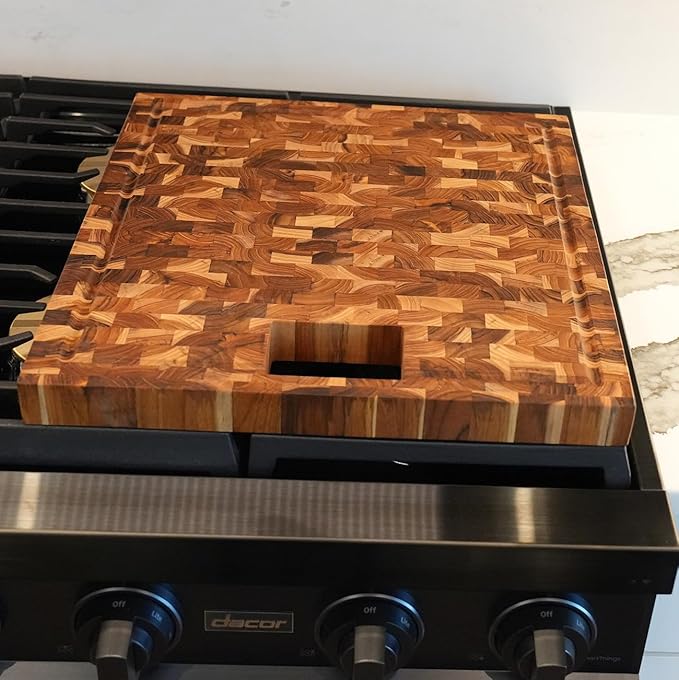 EcoDecors, Teak End Grain Cutting Board 17"x18", FSC Teakwood Butcher Block with Juice Groove, Waste Chute & Handles, Solid Wood Cutting Board for Kitchen, Carving & Stove-Top Prep
