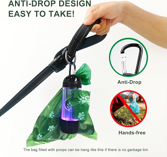 3-in-1 Dog Poop Bag Holder with Flashlight 7-Color, USB-C Rechargeable doggie bag holder for leash, IPX6 Waterproof Anti-Slip Clip Pet Waste Bag Dispenser for Walking (30 Bags Included)