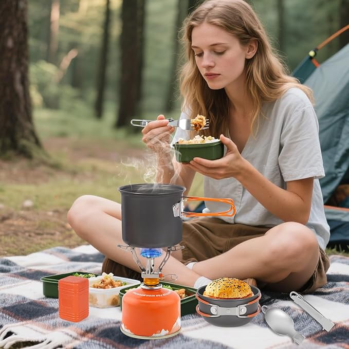 REDCAMP 6/10/11/12/14/15/19 PCS Camping Cookware Mess Kit Camping Gear Campfire Utensils Lightweight Stackable Pot Pan Bowls Soup Spoon with Storage Bag for Camping, Backpacking, Outdoor Cooking