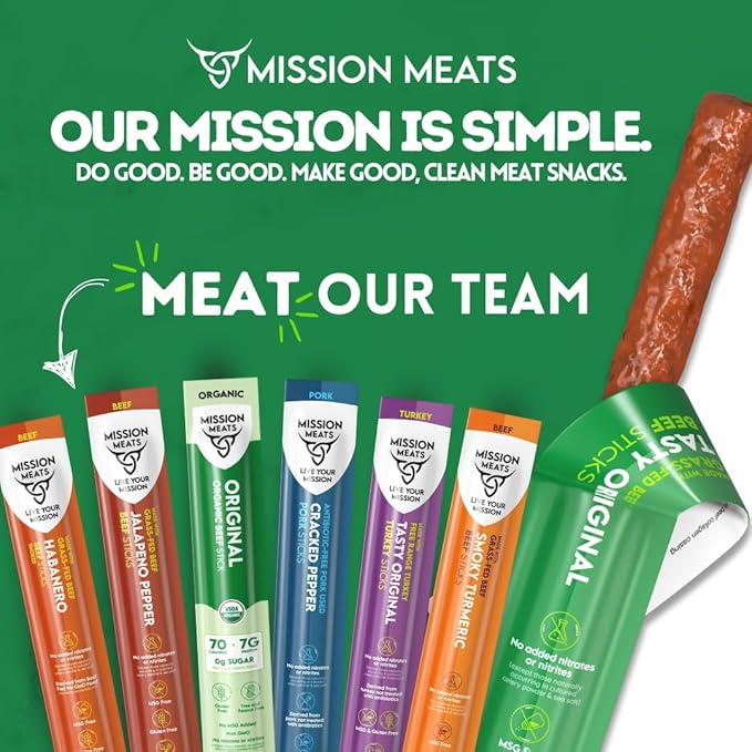 Mission Meats 100% Certified Organic Beef Sticks – Pasture-Raised, Zero Sugar, Non-GMO, Healthy Individually Wrapped Meat Sticks Snack, 0.75oz (24 Count)