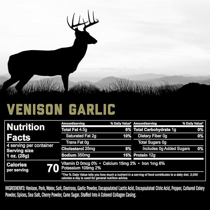 ICON Meats Venison and Pork Snack Sticks - Garlic Flavor - 6 Packs Per Box, 4 Sticks Per Pack, All Natural Jerky Meat Sticks, USDA Approved, Diet Friendly, High Protein, Low Calorie, Sugar Free