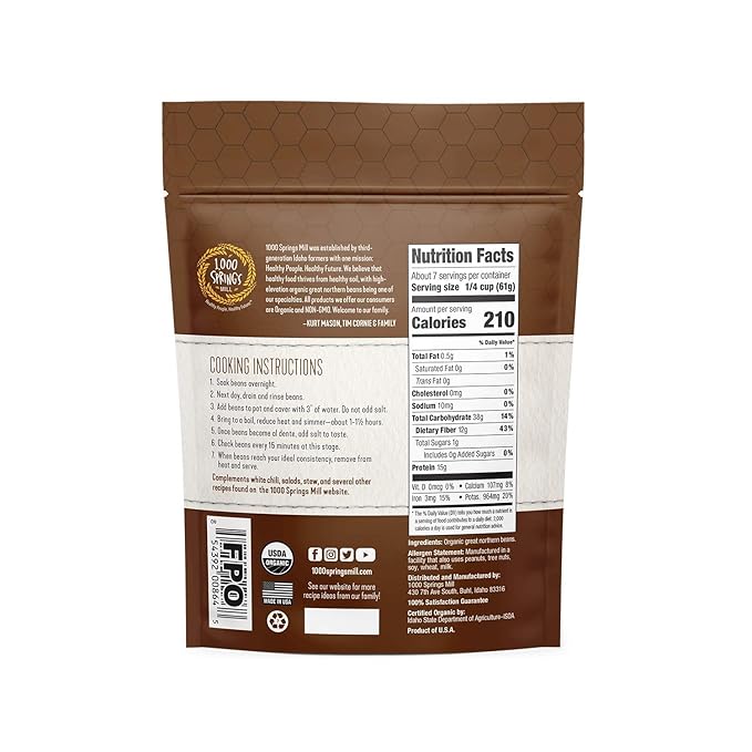 1000 SPRINGS MILL - Organic Great Northern Beans - Used for Salads, Soups, Stews, Casseroles, Chili, and Snacks - Bulk Dry White Beans - Resealable Bag - Vegan Friendly - 16oz (Pack of 1)