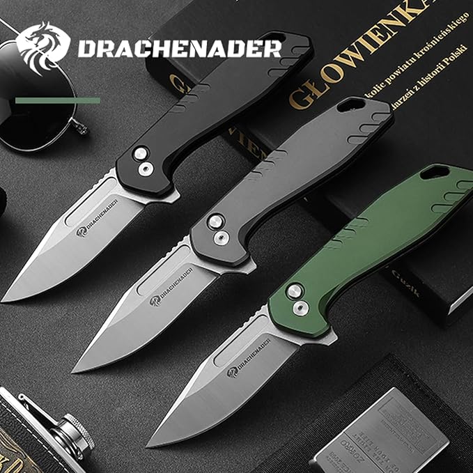 Button Lock Pocket Folding Knife with Nylon-Sheath (Horizontal carry), 3.42" D2 Blade with Aluminum Handle, Camping Pocket & Folding Knives with Clip, EDC Knife Gift, Black