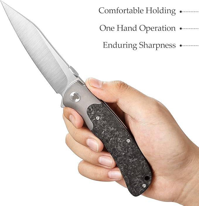 Flipper Folding Knife for Men, Pocket Knife with Clip, 3.66" CPM S35VN Steel Wharncliffe Blade, Ti Bolster and Thumb Disk,Carbon Fiber Scales for EDC Camping Outdoor,UMa-05