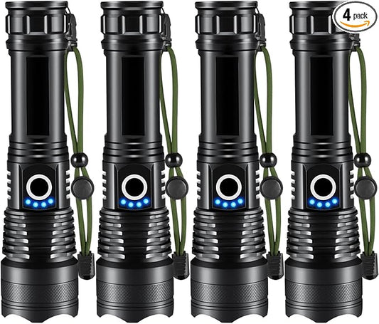 Flashlights High Lumens Rechargeable, 4Pack Rechargeable Flashlights, Super Bright Flashlight, 5Mode Tactical Flashlights High Lumens, LED Flashlight High Powered, Waterproof Flash Light LED