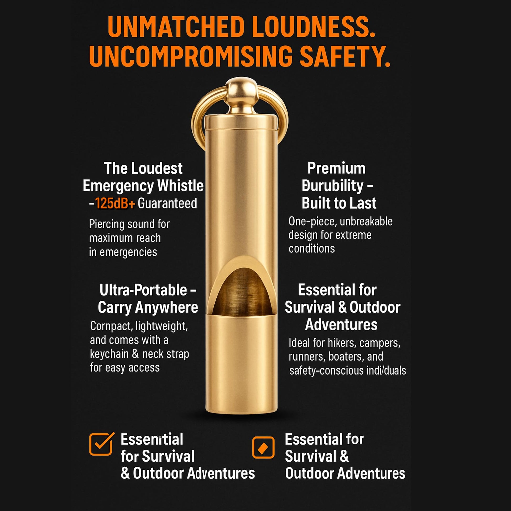 Loudest Brass Whistle — The Original 2-Inch Premium Emergency Whistle 125db+ One Piece Outdoor