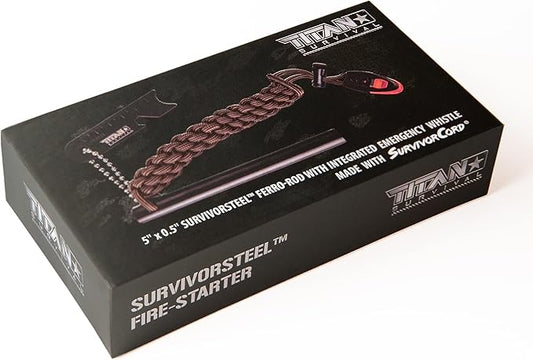 Titan SurvivorSteel Ferrocerium Fire-Starter v2.0, 5" x 1/2" Ferro-Rod with Steel Scraper, Patented SurvivorCord Handle, and Integrated High-Decibel Emergency Whistle.