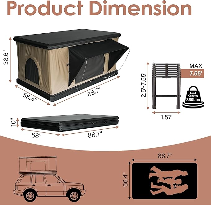 Hardshell Rooftop Tent, Roof Top Tent for 2-3, with Aluminium Ladder, Skyview Window, Mattress, LED Light, Blackout-Coated for UV Protection, Waterproof, for Truck, Jeep, SUV, Van
