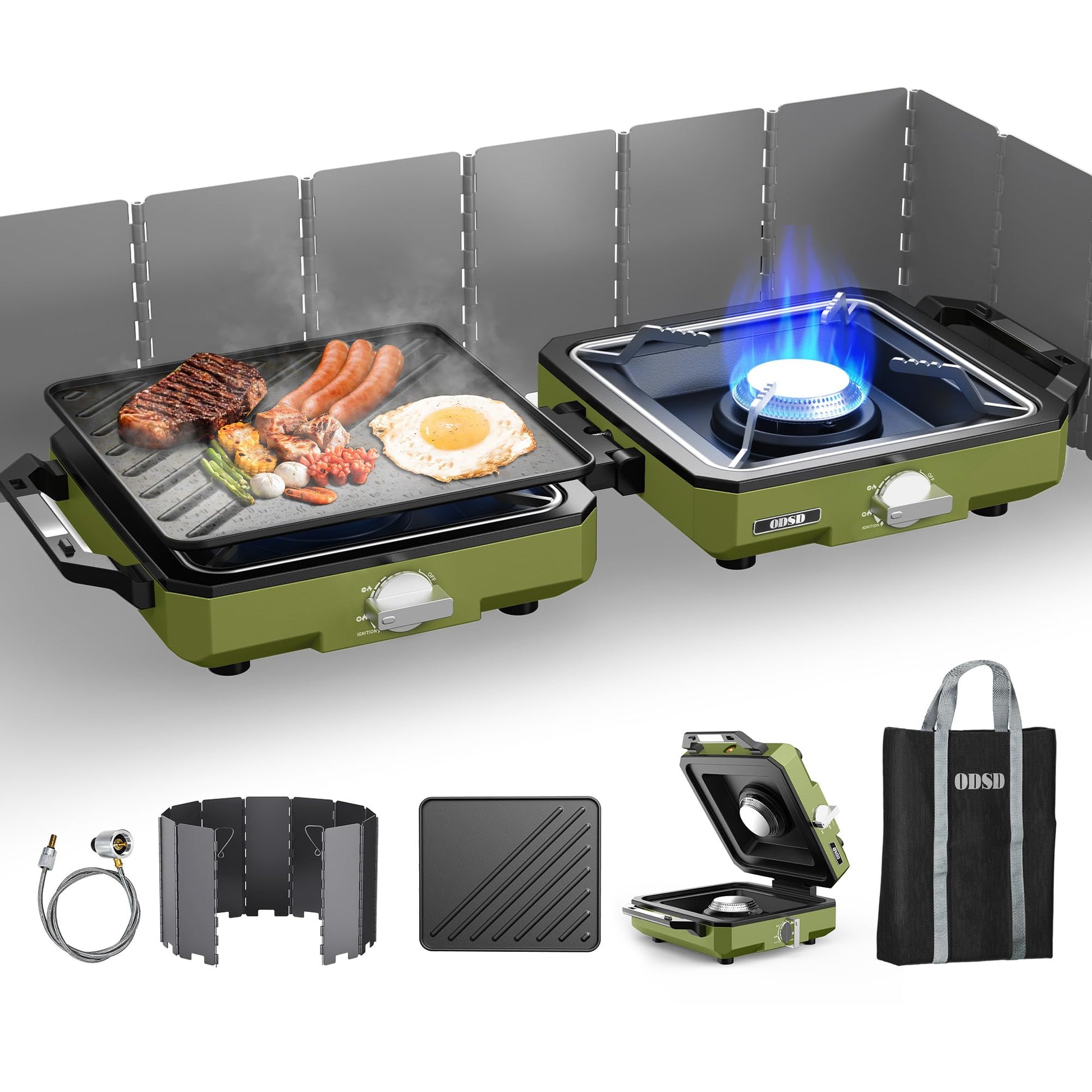ODSD 2 Burner Camping Stove with Windshield, 20000 BTU Propane Camp Stove, Portable Folding Gas