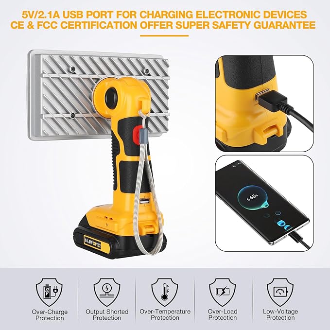 LED Work Light for Dewalt 20V Battery, Hiesuan 30W 3300LM Jobsite Light Flashlight Spotlight with 110 Degree Pivoting Head Zinc Alloy, 5V 2.1A USB Port