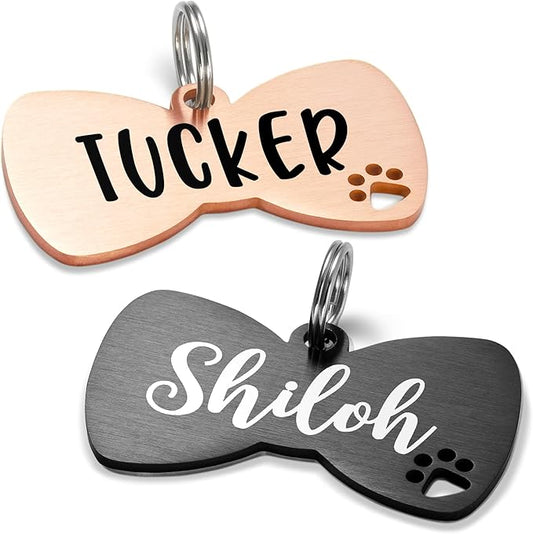 Ultra Joys Dog Tags Personalized for Pets - Hollow Paw Custom Pet ID Tag - Engraved Dog Tag for Small, Large Dogs - Small Bow Tie in Rose
