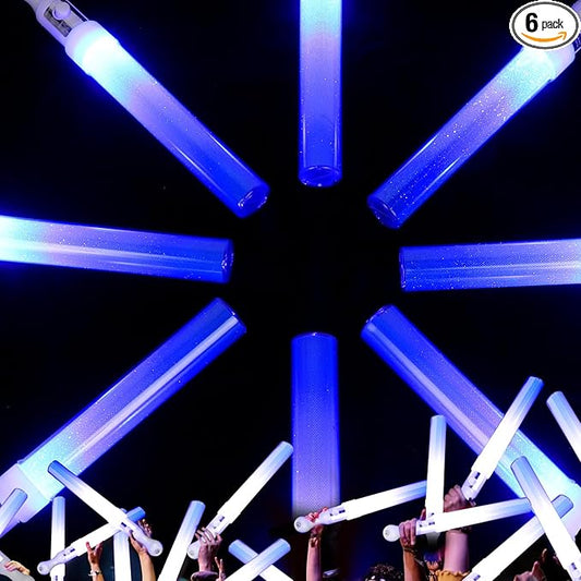 Reusable LED Glow Sticks(6 Pack), Blue Steady LED Flashing Bright Glow Light sticks, Equipped with AAA Battery Powered LED Sticks, Concert Glow in the Dark Party Favor Supplies