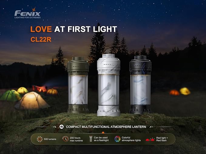 Fenix CL22R 500 Lumen Compact Lantern, USB-C Rechargeable and Multifunctional with Red Light and Colorful Ambient Lights for Camping, Hiking, Fishing (Polar Night Black)
