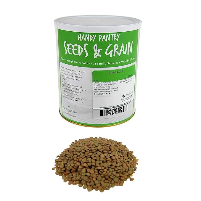 Organic Green Lentil Sprouting Seeds - 5 Lbs - Resealable Can - Handy Pantry Brand - Sprouts, Soups, Cooking, Food Storage & More