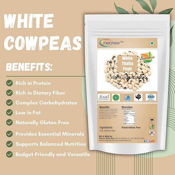 Neotea White Thatta Payir/Karamani Payir/Cow Peas, 250 GM | White Cowpeas | White Black-Eyed Peas | All Natural | Vegan | Kosher | Gluten Friendly | 8.81 OZ