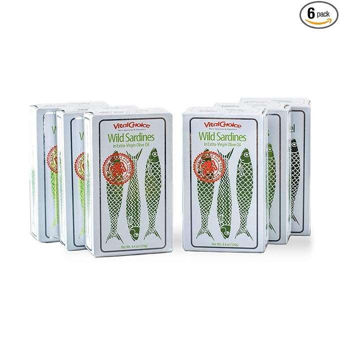 Vital Choice Wild Sardines in Organic Extra Virgin Olive Oil, 4.4-Oz Tins (Pack of 6)