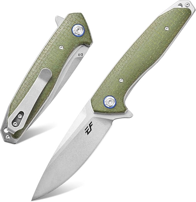 Eafengrow EF972 Folding Knife, D2 Steel Blade Micarta Handle Pocket Knife Folder for Outdoor Camping Hiking Working EDC Tool Knife(army green)
