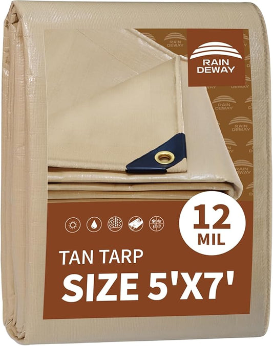 RAINDEWAY 5x7 Feet Heavy Duty 12 Mil Tan Poly Tarp Cover,UV Resistant,Weatherproof,Durable,Multipurpose Waterproof Small Tarp with Grommets and Reinforced Edges